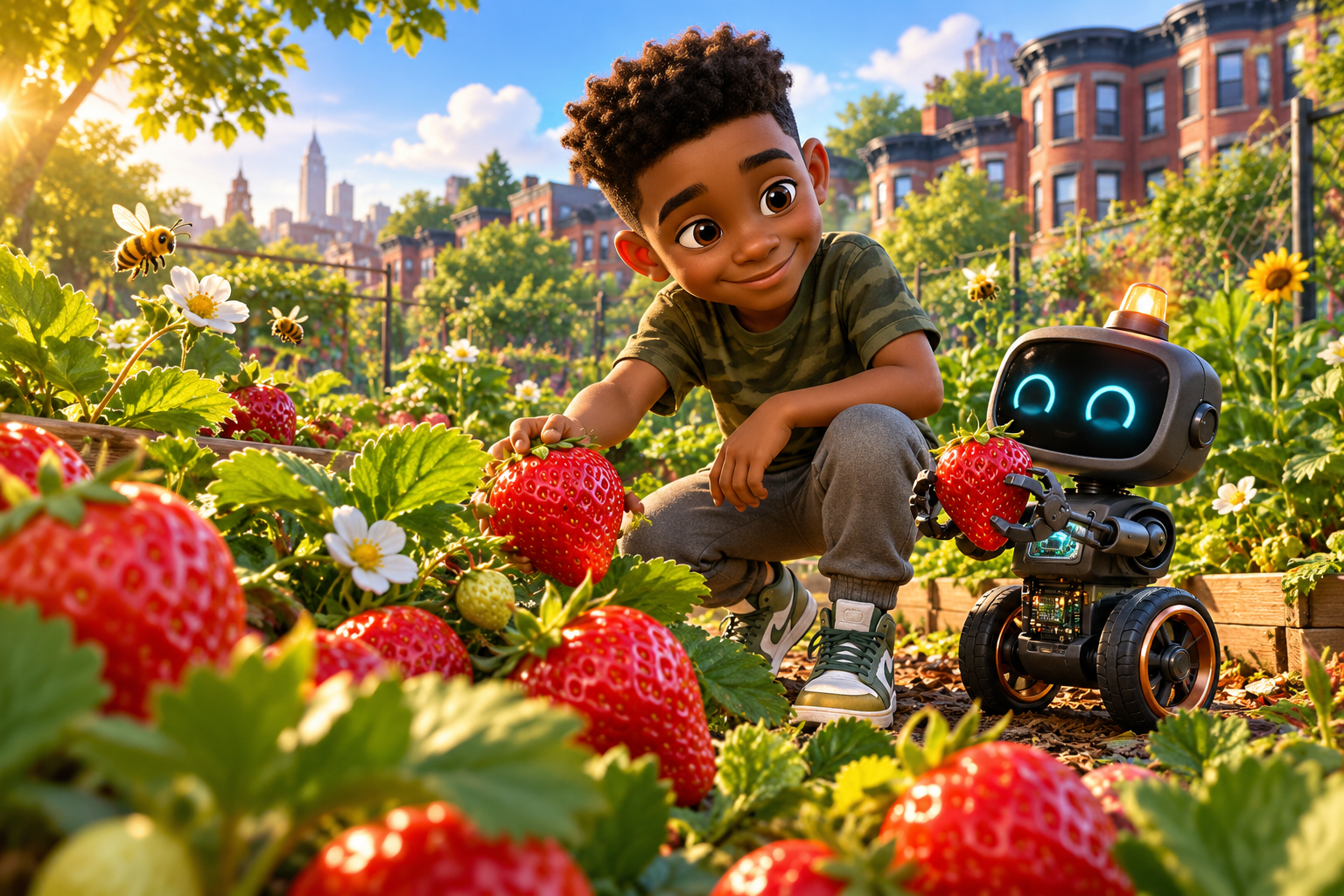 Jahmez and J-Bot in a sunny story garden filled with strawberries and busy bees.