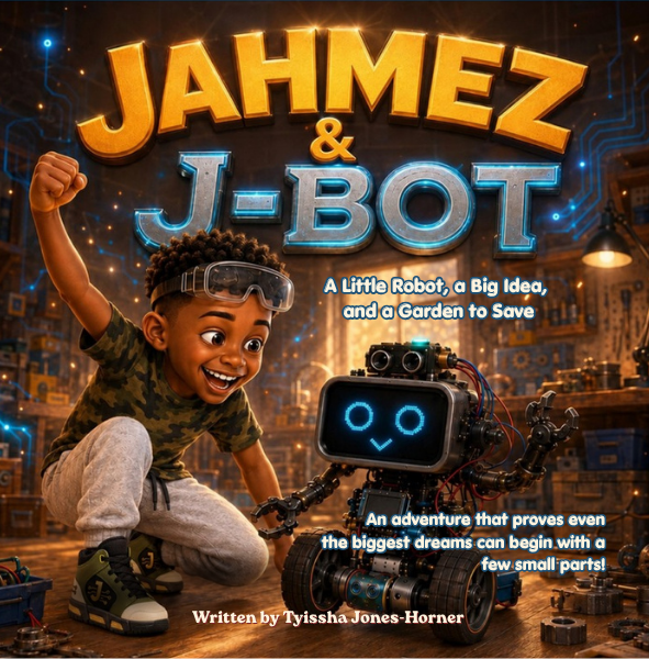 Jahmez & J-Bot: A Little Robot, a Big Idea, and a Garden to Save. Written by Tyissha Jones-Horner. Jahmez and J-Bot celebrate in their workshop.